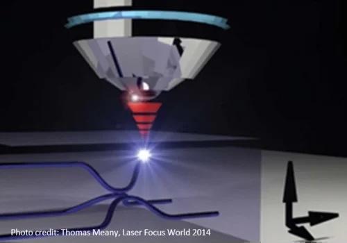 artist view of a femtosecond laser inscribed waveguide in glass setup